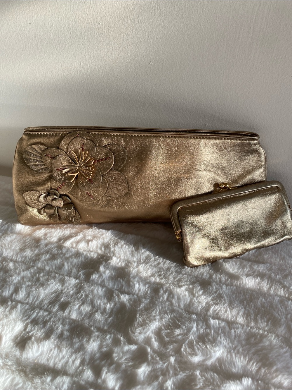 Cole Haan Vintage Metallic Pewter Leather Clutch and Coin Purse